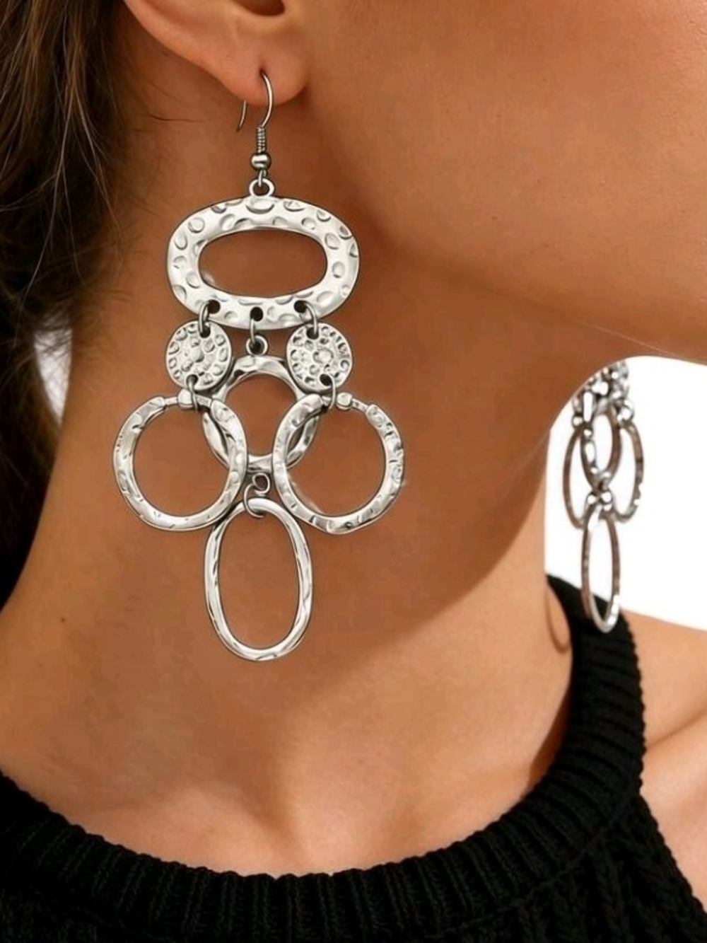 Textured Silver Multi-Ring Dangle Earrings - Women Jewelry